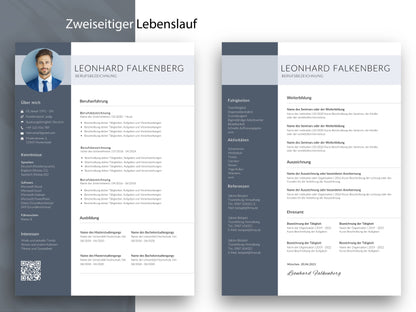 Zweiseitige Lebenslauf-Vorlage Professional für umfangreiche Berufserfahrung, als editierbare Canva- und Word-Datei.