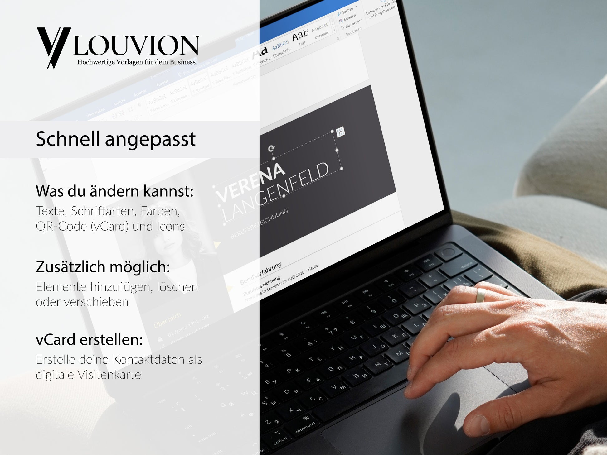 Einfache Bearbeitung der Lebenslauf Vorlage in Word und Canva am Laptop für individuelle Texte, Farben und digitale vCard.