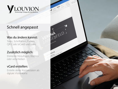 Einfache Bearbeitung der Lebenslauf Vorlage in Word und Canva am Laptop für individuelle Texte, Farben und digitale vCard.