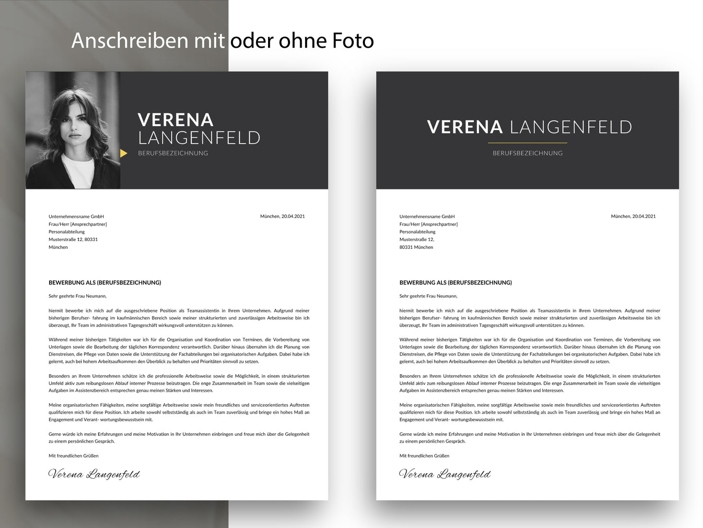 Passendes Anschreiben der Bewerbungsvorlage für Word und Canva, professionell gestaltet mit oder ohne Foto-Option.