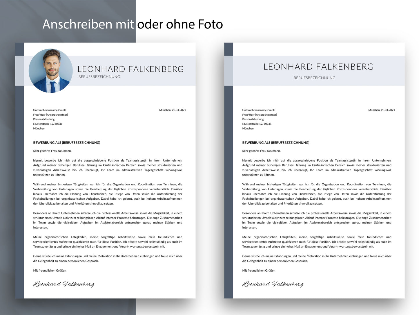Professionelle Vorlage für das Anschreiben mit und ohne Foto im modernen Design als editierbare Canva- und Word-Datei.