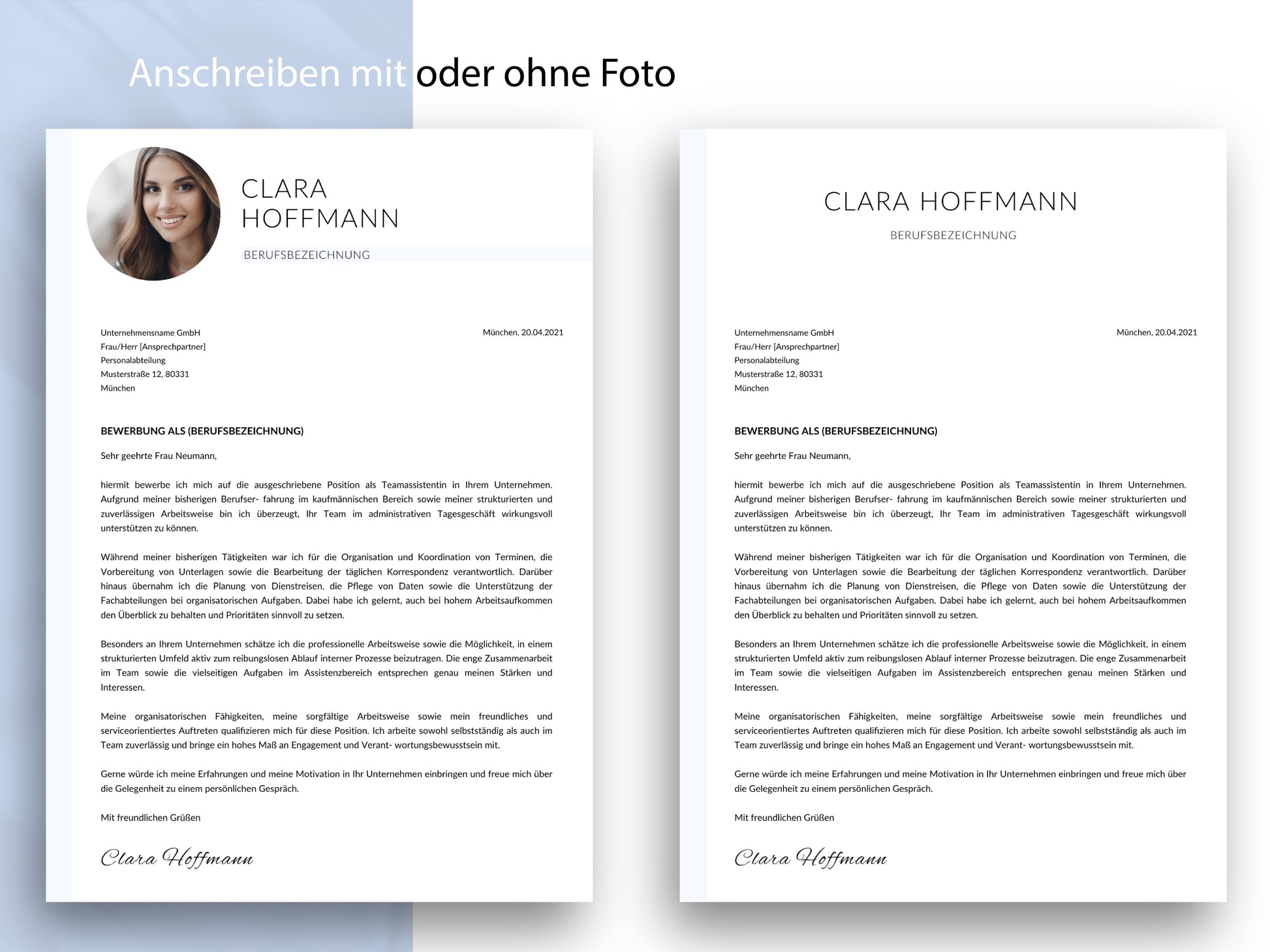 Passendes Anschreiben für die Bewerbung in Deutsch, wahlweise mit oder ohne Foto, erstellt in Word oder Canva.