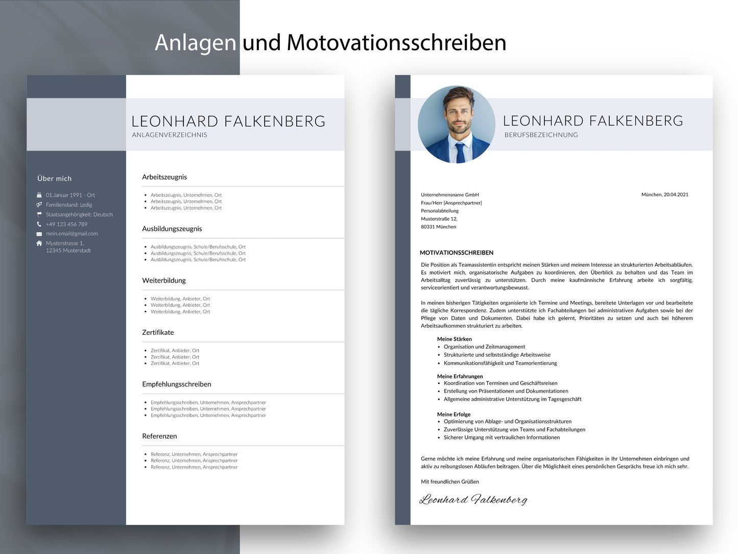 Passendes Motivationsschreiben und Anlagenverzeichnis im Professional CV Set Design als Canva- und Word-Datei auf Deutsch.