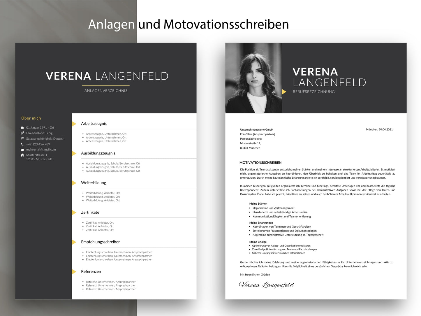Professionelles Motivationsschreiben und Anlagenverzeichnis als Teil der Lebenslauf Vorlage Deutsch für Word und Canva.