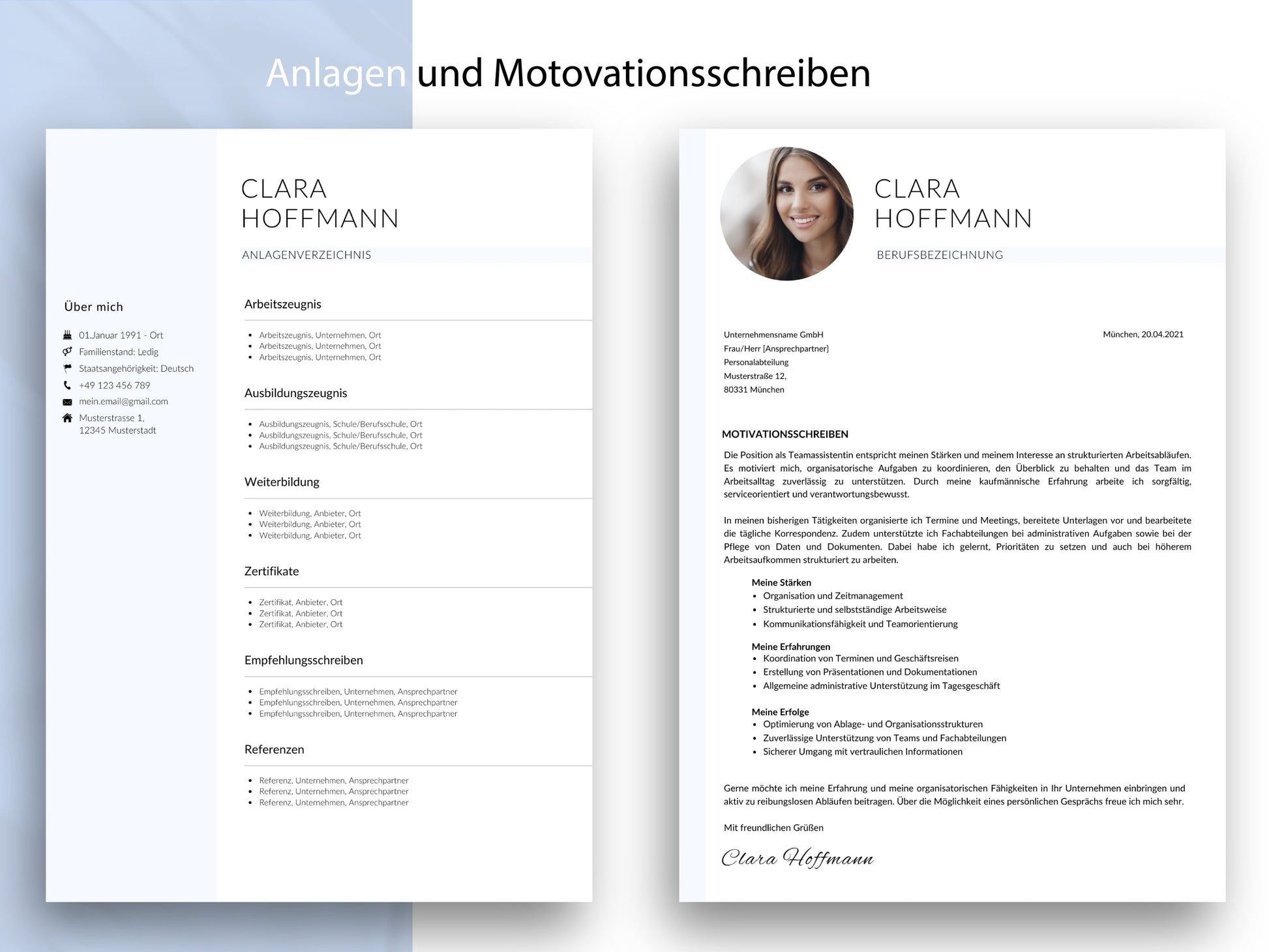 Motivationsschreiben und Anlagenverzeichnis im einheitlichen Design für das 9-teilige Bewerbungsset in Word und Canva.
