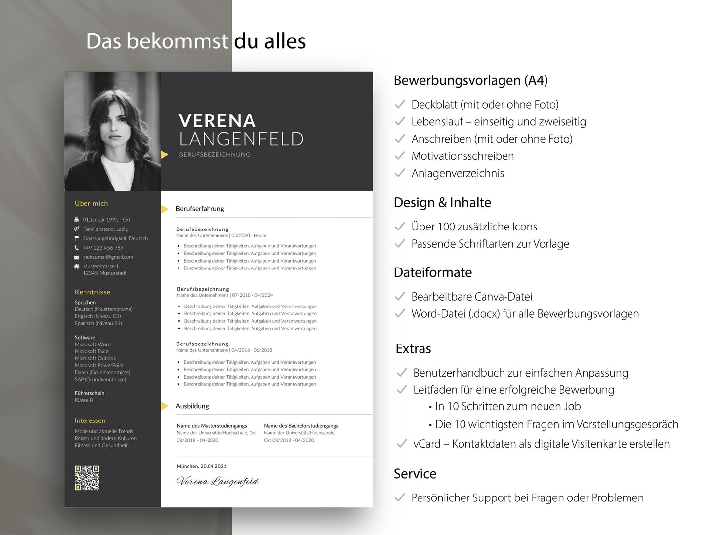 Übersicht des kompletten Bewerbungssets mit Lebenslauf Vorlage für Word und Canva, inklusive Extras wie Icons und Leitfaden.