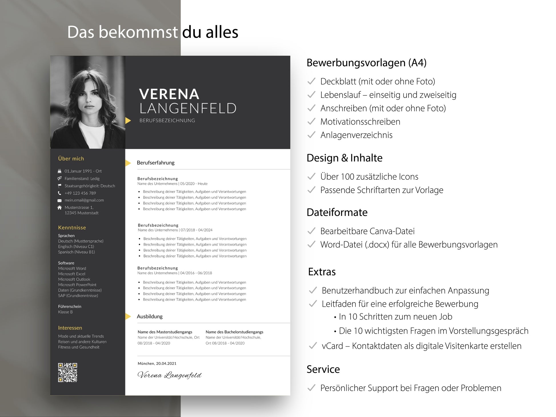 Übersicht des kompletten Bewerbungssets mit Lebenslauf Vorlage für Word und Canva, inklusive Extras wie Icons und Leitfaden.