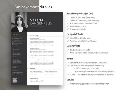 Übersicht des kompletten Bewerbungssets mit Lebenslauf Vorlage für Word und Canva, inklusive Extras wie Icons und Leitfaden.