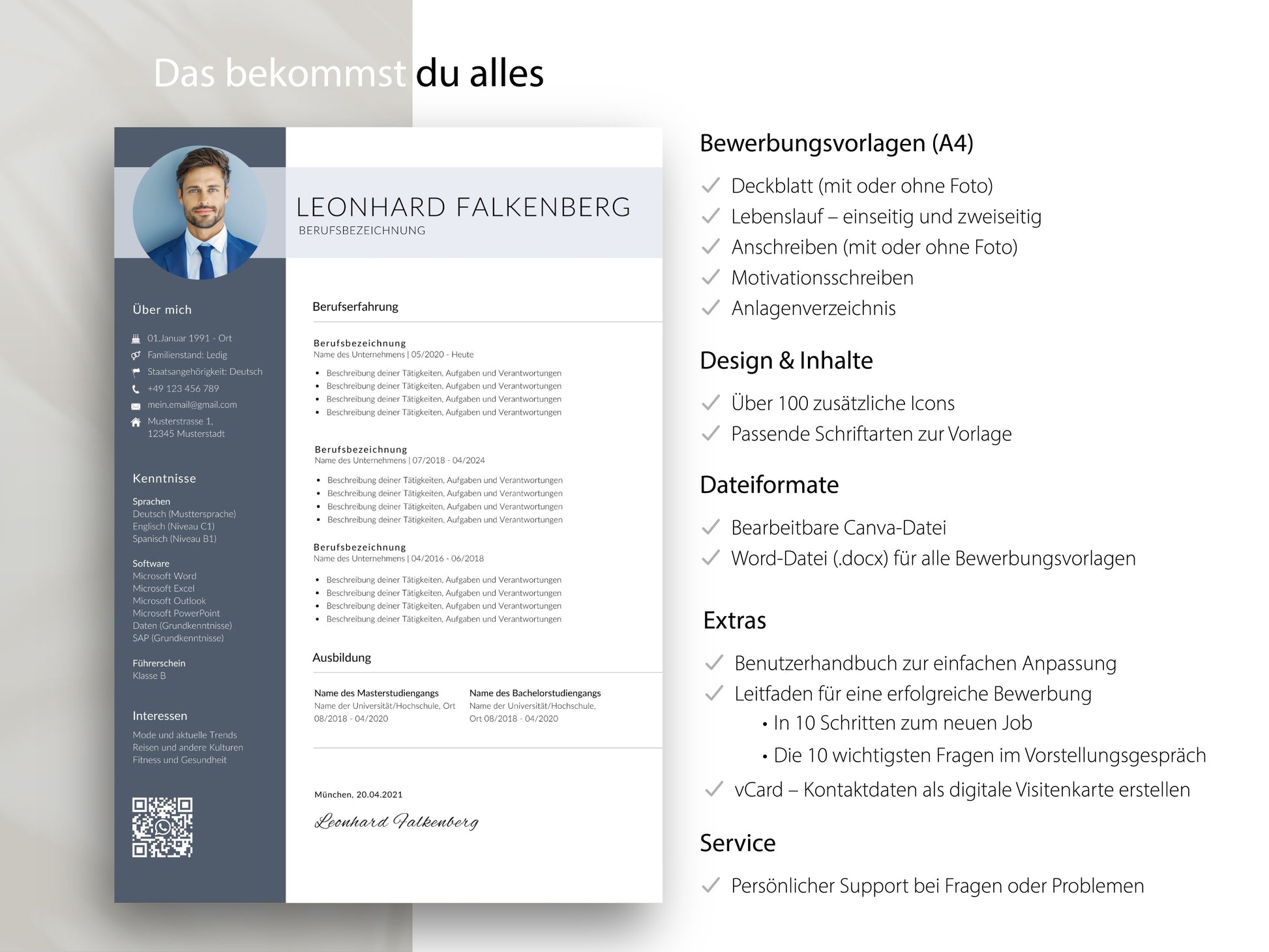 Übersicht des Professional CV Sets mit allen Vorlagen, Icons und Boni als Word- sowie Canva-Datei für deine Bewerbung.