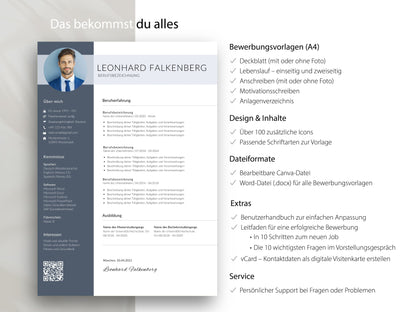 Übersicht des Professional CV Sets mit allen Vorlagen, Icons und Boni als Word- sowie Canva-Datei für deine Bewerbung.