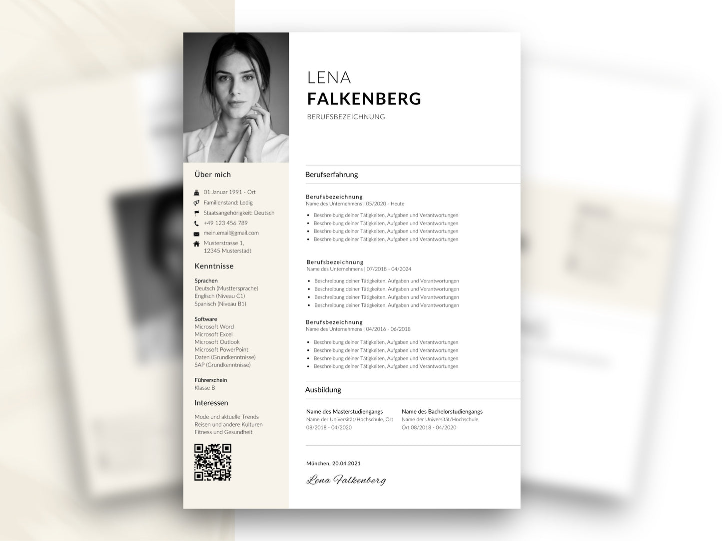 Moderne Lebenslauf Vorlage auf Deutsch mit klarer Struktur, Profilbild und Platz für Berufserfahrung und Kenntnisse.