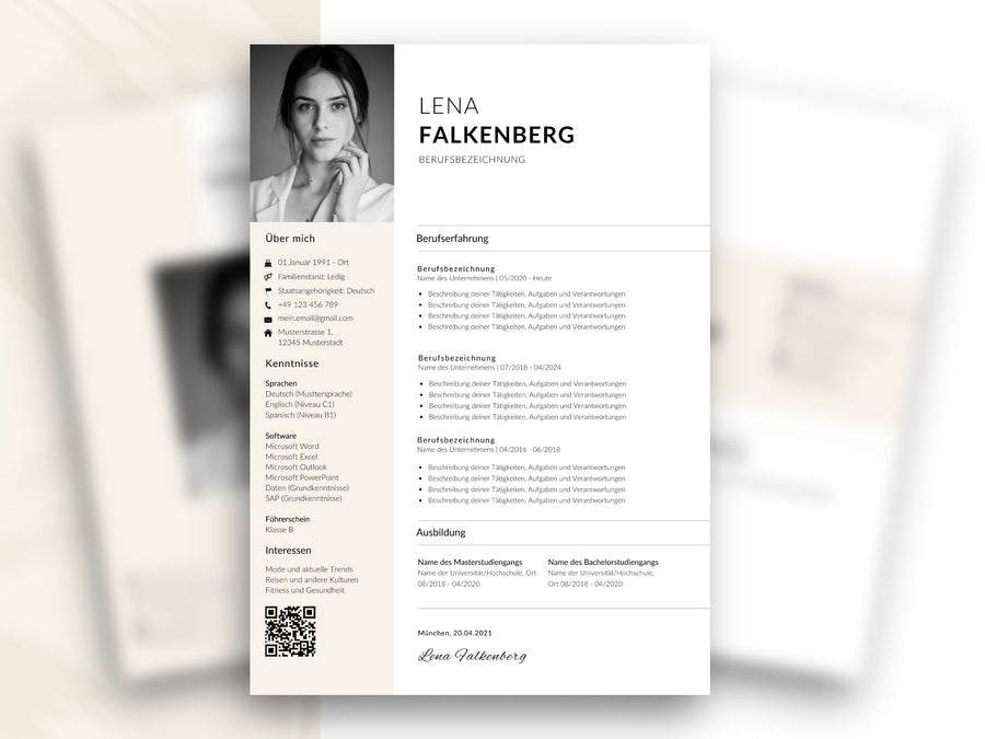 Moderne Lebenslauf Vorlage auf Deutsch mit klarer Struktur, Profilbild und Platz für Berufserfahrung und Kenntnisse.