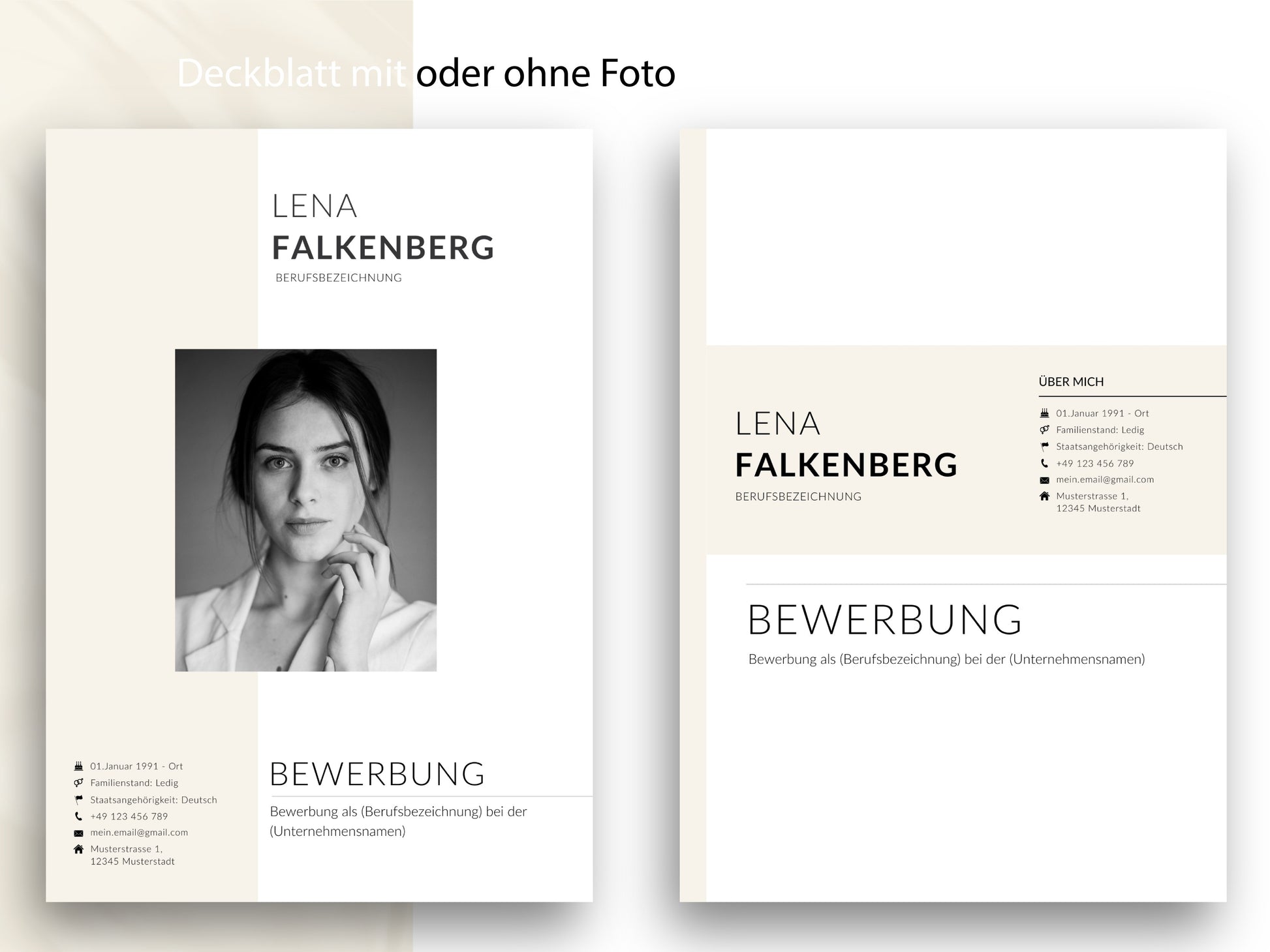 Modernes Deckblatt der Bewerbungsvorlage in zwei Varianten: einmal mit großem Bewerbungsfoto und einmal ohne Foto.