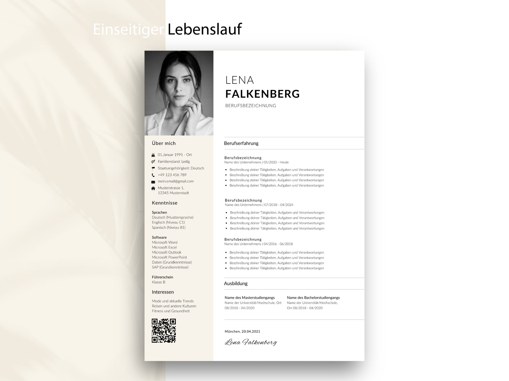 Einseitige Lebenslauf Vorlage Deutsch im modernen Design mit Foto, QR-Code und übersichtlicher Struktur zum Editieren.