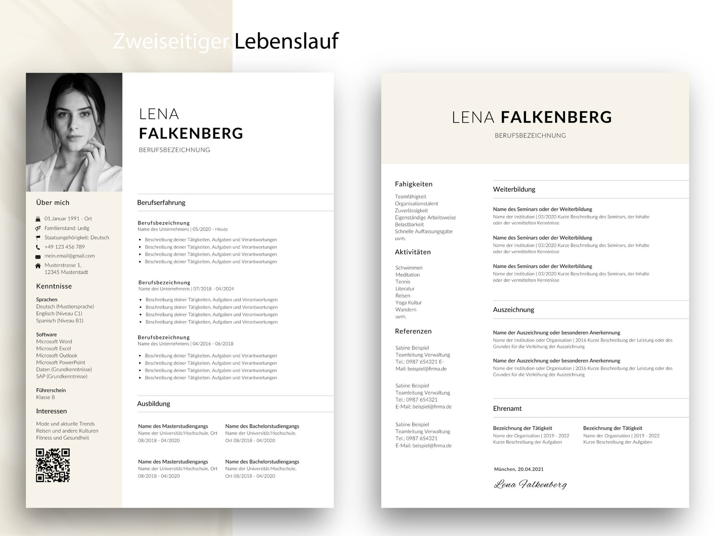 Zweiseitige Lebenslauf Vorlage Deutsch für umfangreiche Berufserfahrung, Weiterbildung und Referenzen im modernen Design.