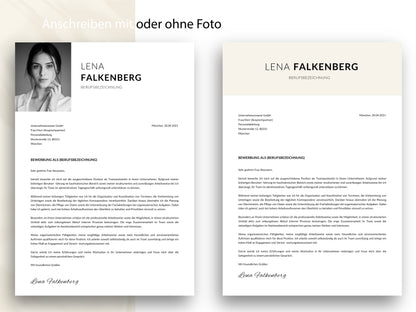 Modernes Anschreiben der Bewerbungsvorlage in zwei Design-Optionen: professionell gestaltet mit oder ohne Foto.
