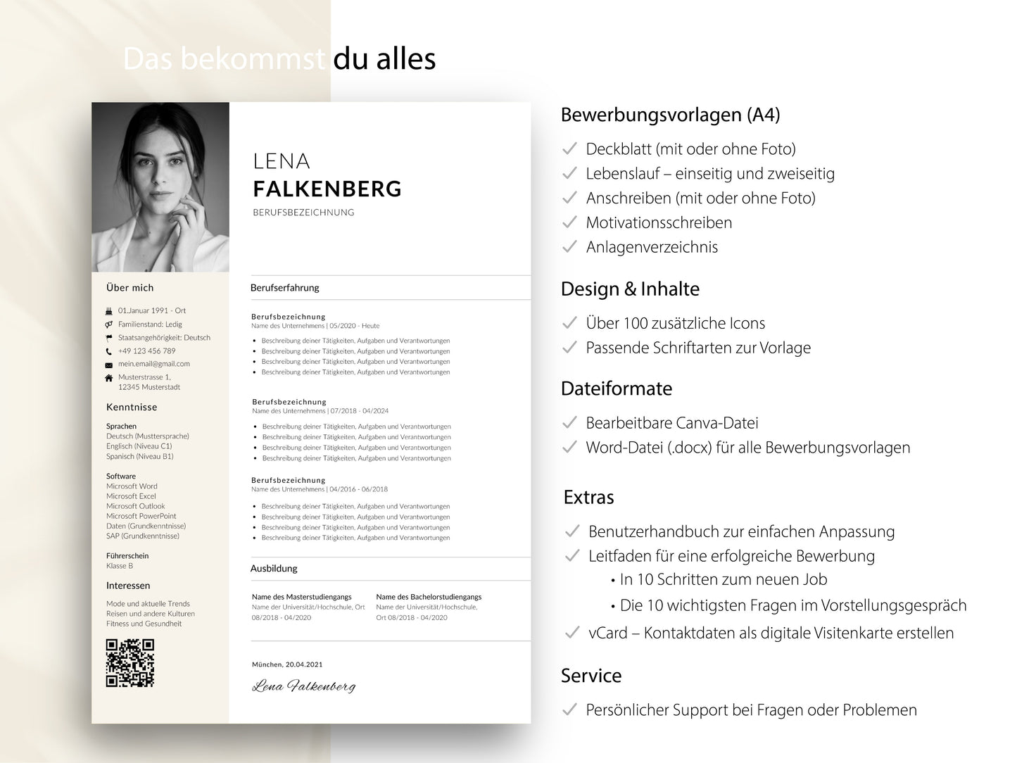 Vollständiges Bewerbungsvorlage-Set: Modernes Design für Word & Canva inkl. Anschreiben, Icons und Karriere-Leitfaden.