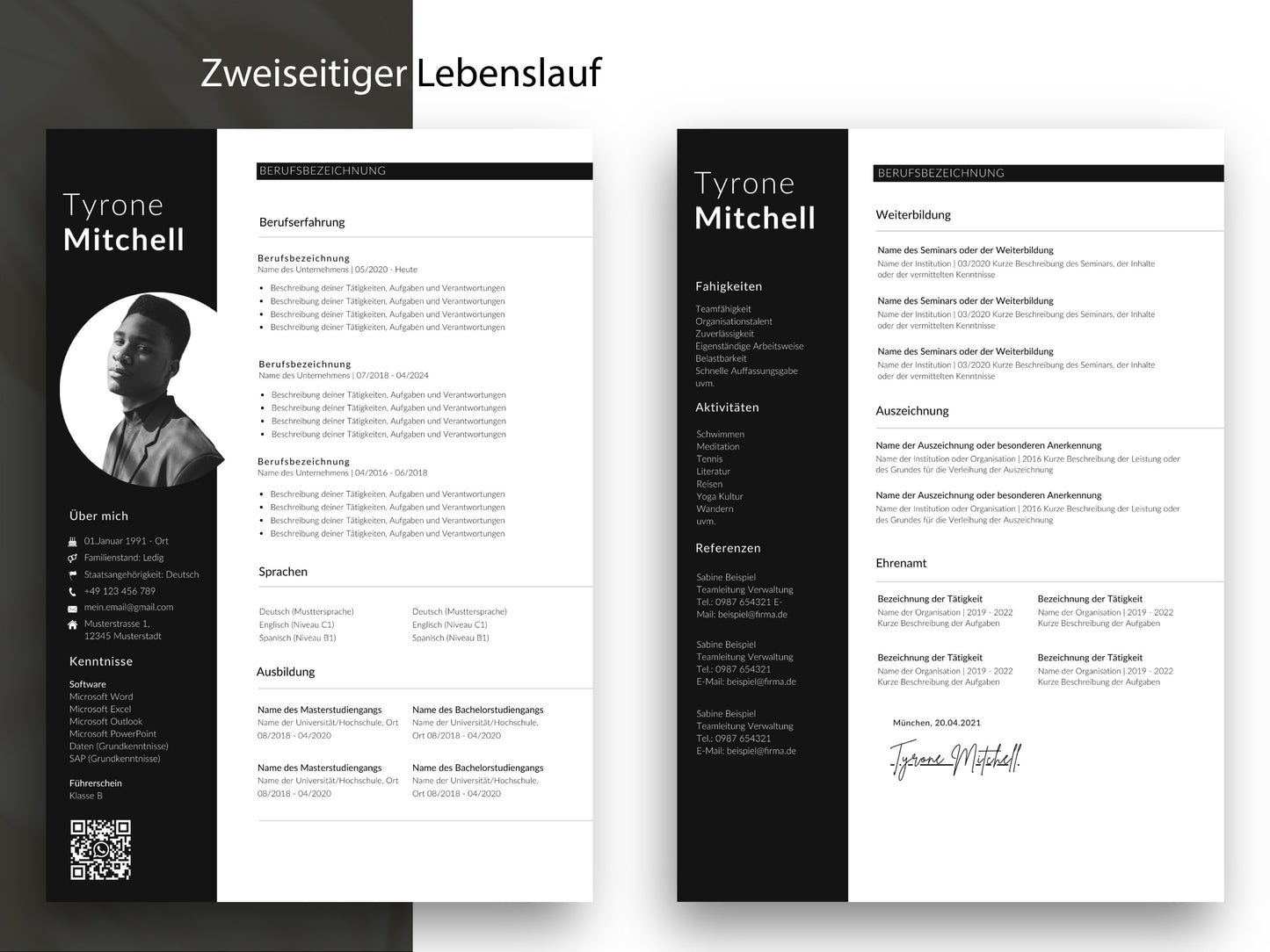 Zweiseitige Lebenslauf-Vorlage für umfangreiche Werdegänge mit Platz für Weiterbildung, Referenzen und Ehrenamt in Word & Canva.