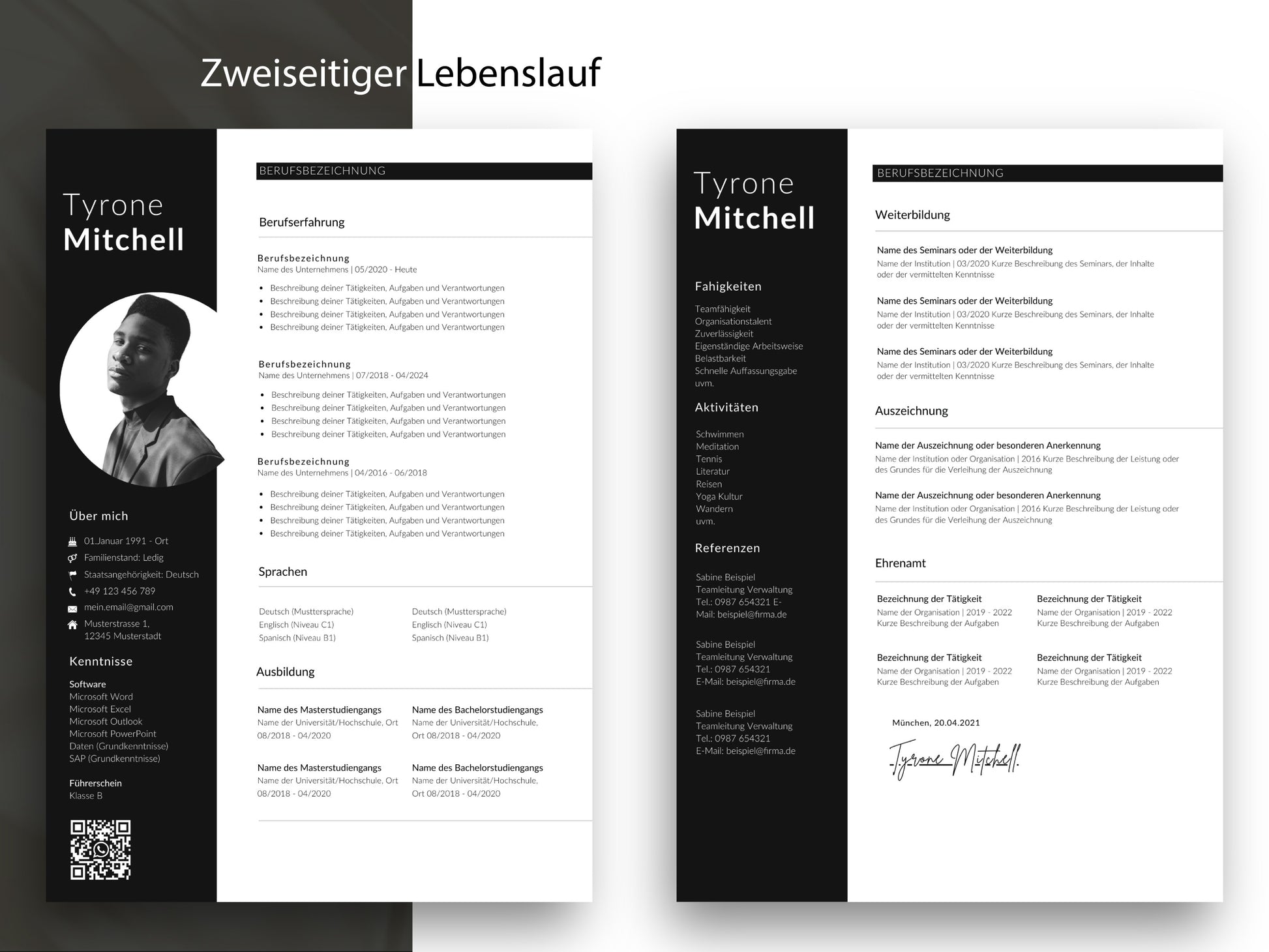 Zweiseitige Lebenslauf-Vorlage für umfangreiche Werdegänge mit Platz für Weiterbildung, Referenzen und Ehrenamt in Word & Canva.