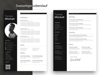 Zweiseitige Lebenslauf-Vorlage für umfangreiche Werdegänge mit Platz für Weiterbildung, Referenzen und Ehrenamt in Word & Canva.