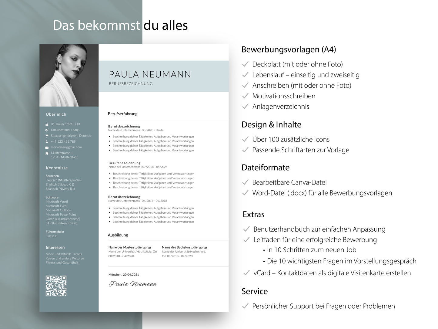 Übersicht des Bewerbungskomplettsets inklusive Lebenslauf-Vorlage, Anschreiben, Icons und Leitfäden als Word- und Canva-Datei.
