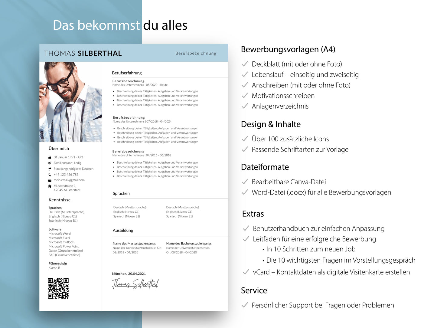Übersicht des Profi Bewerbungssets mit Lebenslauf Vorlage, Anschreiben und Extras im modernen Design 2026 für Word & Canva.