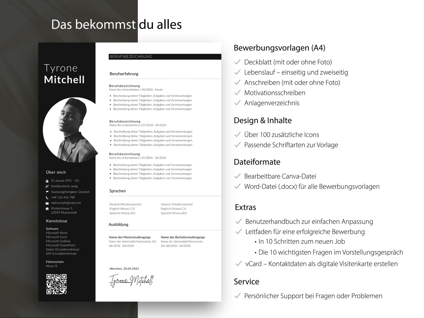 Komplettes Bewerbungsset inklusive Lebenslauf-Vorlage, Deckblatt, Anschreiben und Motivationsschreiben für Word und Canva.