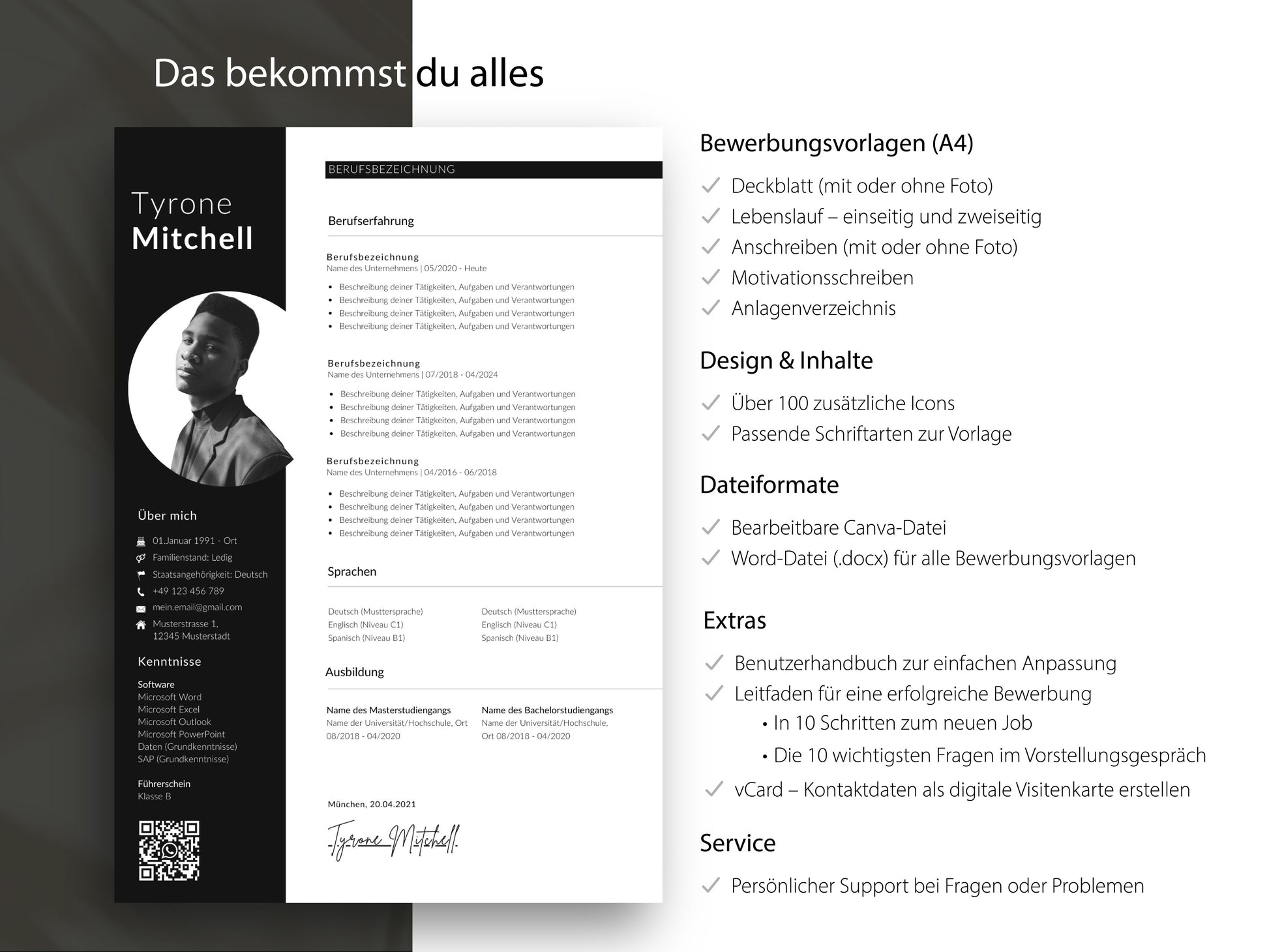Komplettes Bewerbungsset inklusive Lebenslauf-Vorlage, Deckblatt, Anschreiben und Motivationsschreiben für Word und Canva.
