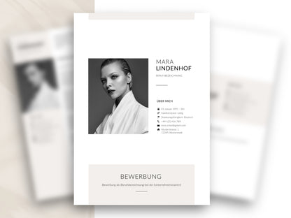 Modernes Deckblatt der 9-seitigen Bewerbungsvorlage für Word und Canva mit Beispielfoto und klarem Layout.