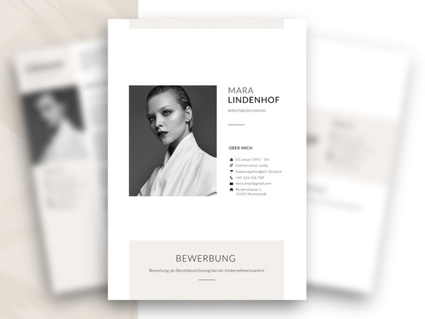 Modernes Deckblatt der 9-seitigen Bewerbungsvorlage für Word und Canva mit Beispielfoto und klarem Layout.