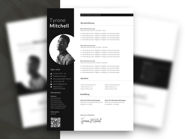 Modernes Lebenslauf-Set für Word und Canva mit professionellem Design für Berufserfahrung, Sprachen und Ausbildung.