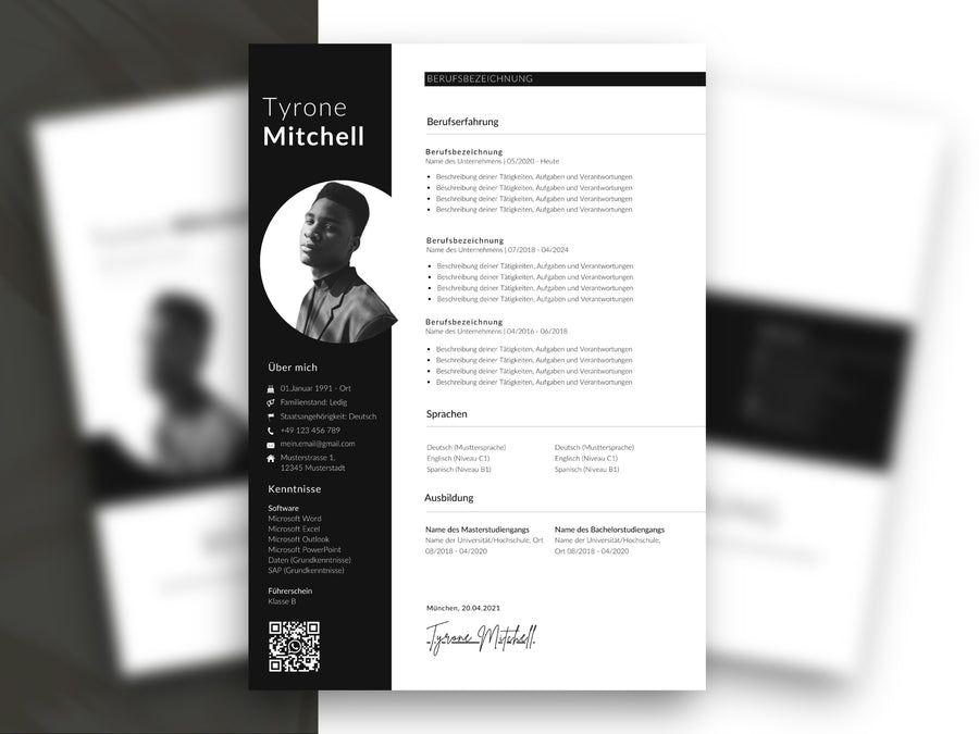 Modernes Lebenslauf-Set für Word und Canva mit professionellem Design für Berufserfahrung, Sprachen und Ausbildung.