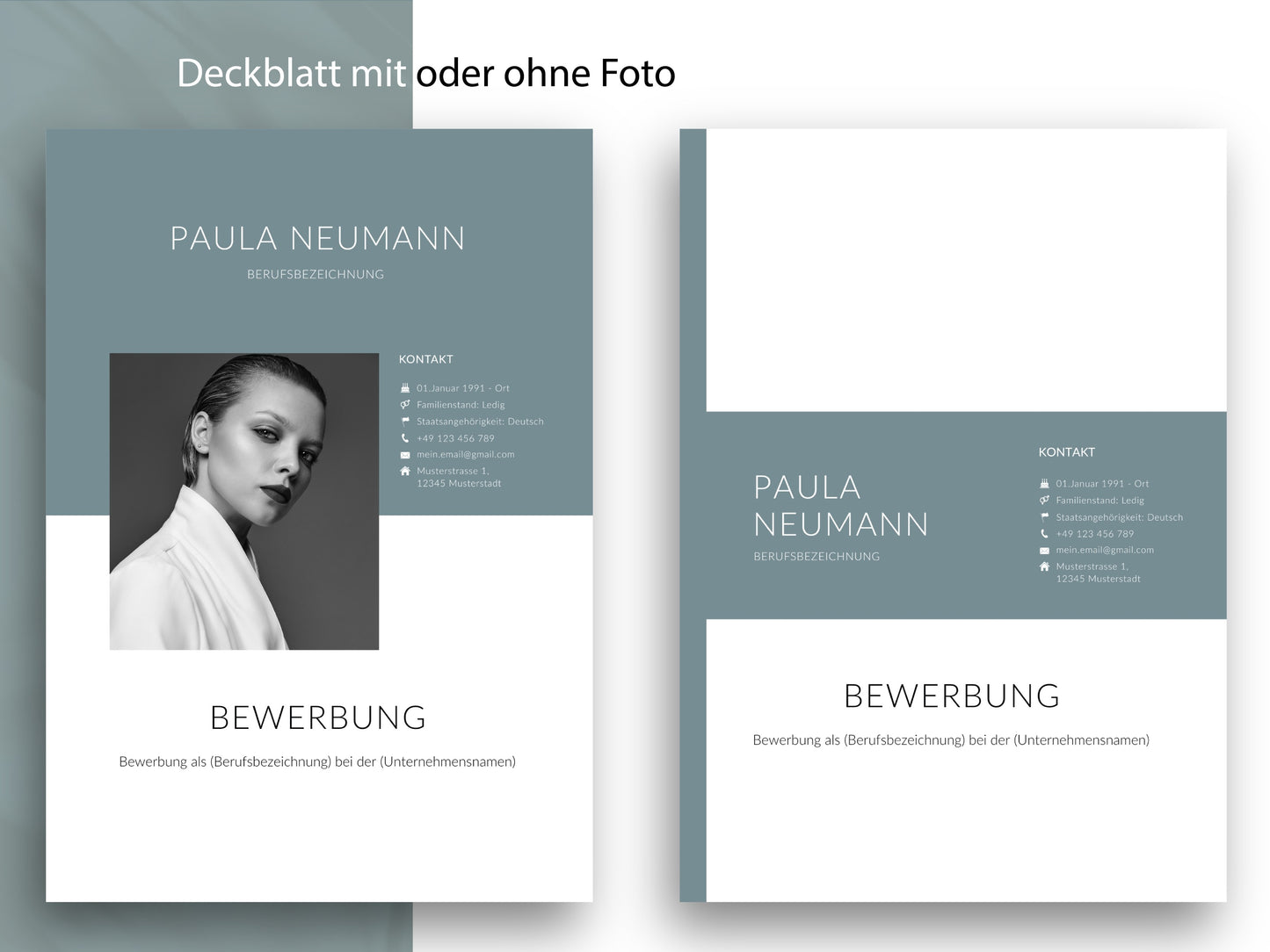 Modernes Deckblatt für die Bewerbungsvorlage in zwei Varianten mit und ohne Foto für ein stimmiges Gesamtbild.