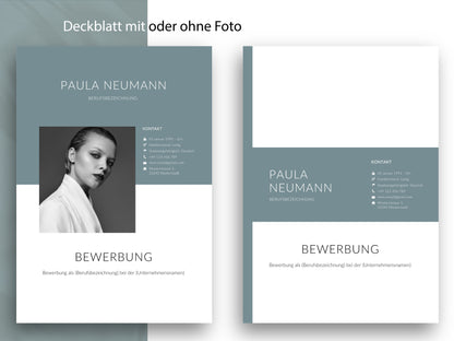 Modernes Deckblatt für die Bewerbungsvorlage in zwei Varianten mit und ohne Foto für ein stimmiges Gesamtbild.