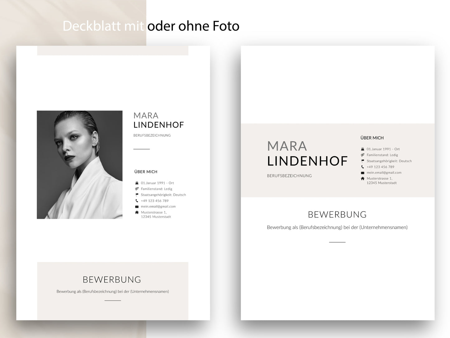 Zwei Varianten des Deckblatts der modernen Bewerbungsvorlage für Word und Canva – mit und ohne Bewerbungsfoto.