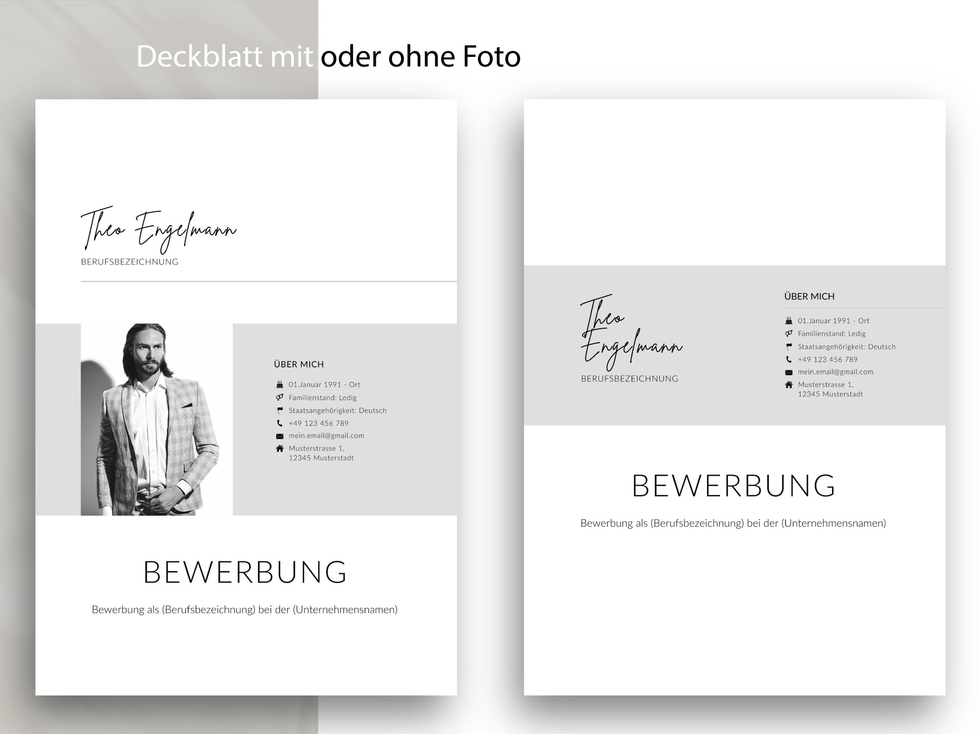 Modernes Deckblatt der Bewerbungsvorlage Professional, wahlweise mit oder ohne Foto für einen souveränen Auftritt.