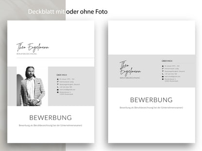 Modernes Deckblatt der Bewerbungsvorlage Professional, wahlweise mit oder ohne Foto für einen souveränen Auftritt.