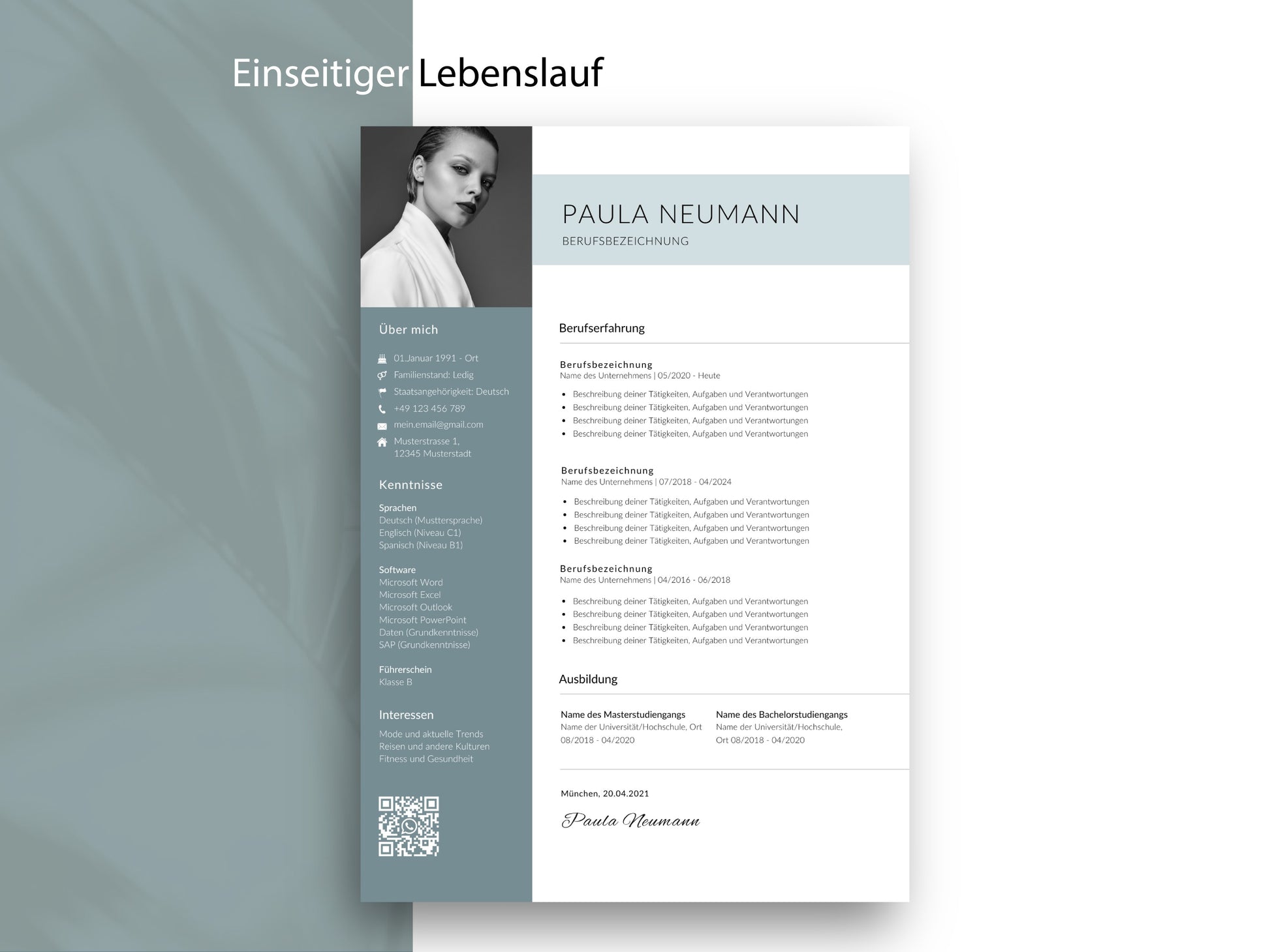 Einseitige Lebenslauf-Vorlage im modernen Design für eine übersichtliche Darstellung von Kompetenzen und Qualifikationen.
