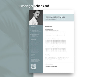 Einseitige Lebenslauf-Vorlage im modernen Design für eine übersichtliche Darstellung von Kompetenzen und Qualifikationen.