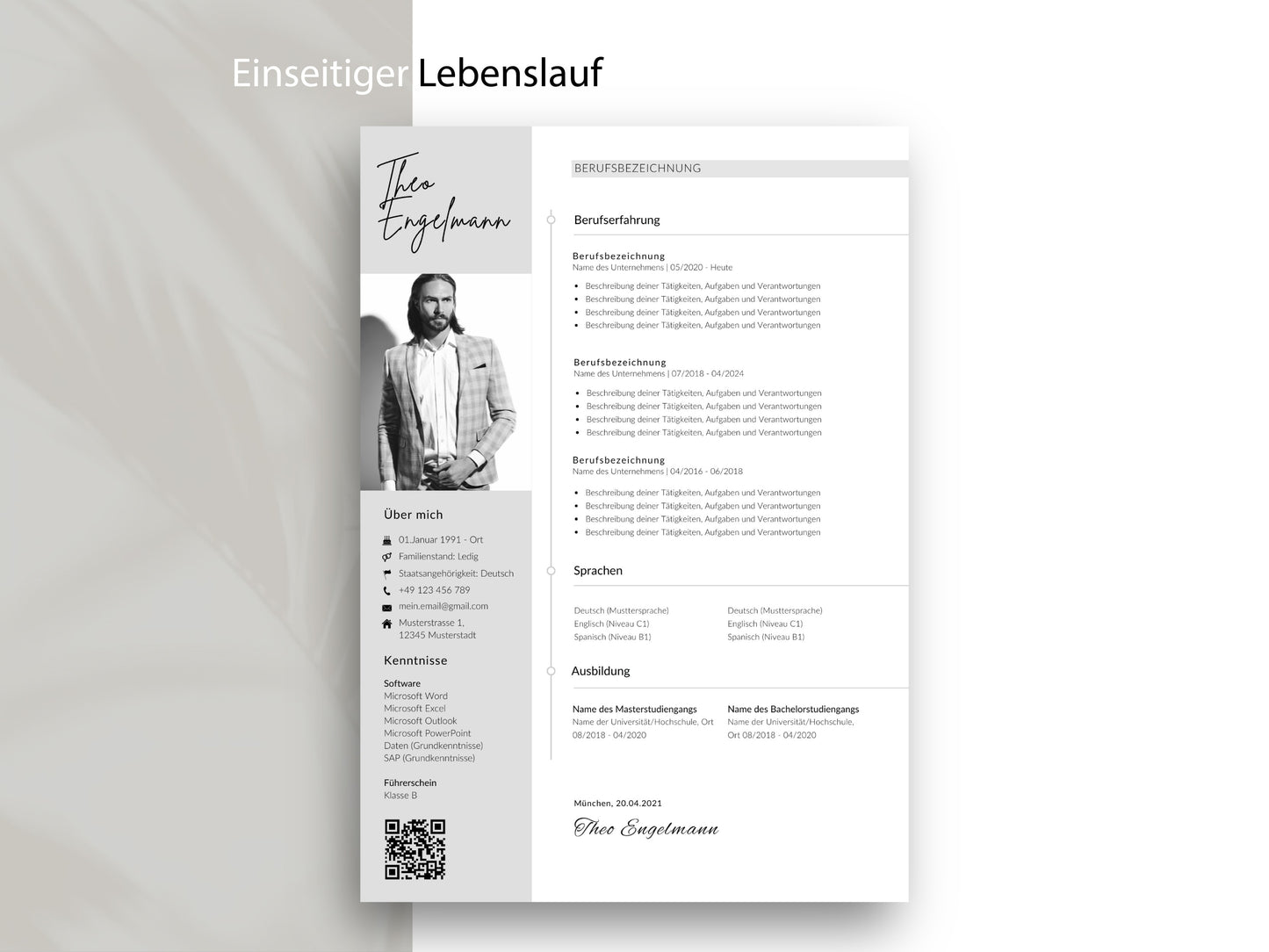 Einseitiger Lebenslauf auf Deutsch im modernen Design für eine übersichtliche Darstellung von Berufserfahrung und Skills.
