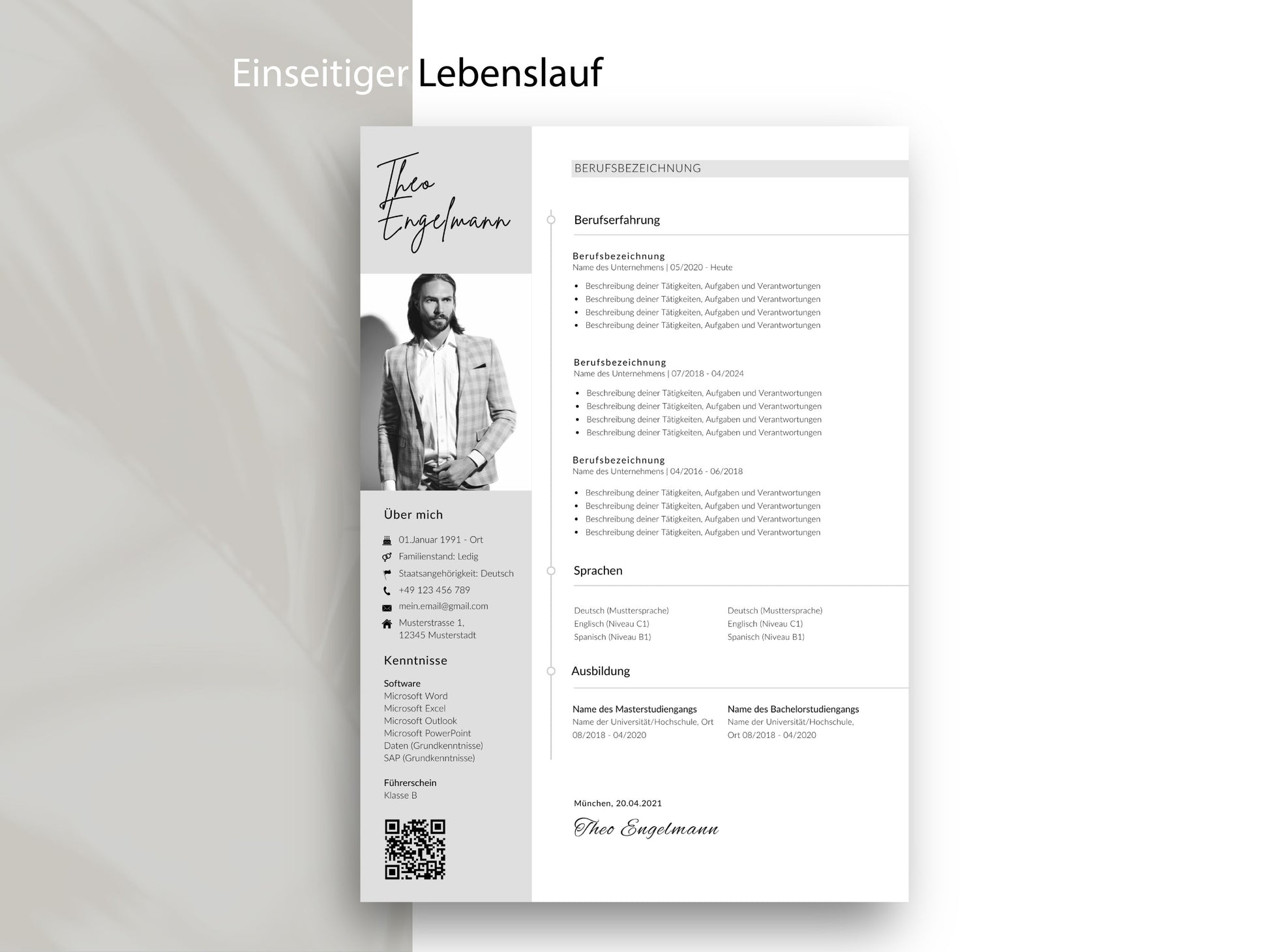 Einseitiger Lebenslauf auf Deutsch im modernen Design für eine übersichtliche Darstellung von Berufserfahrung und Skills.