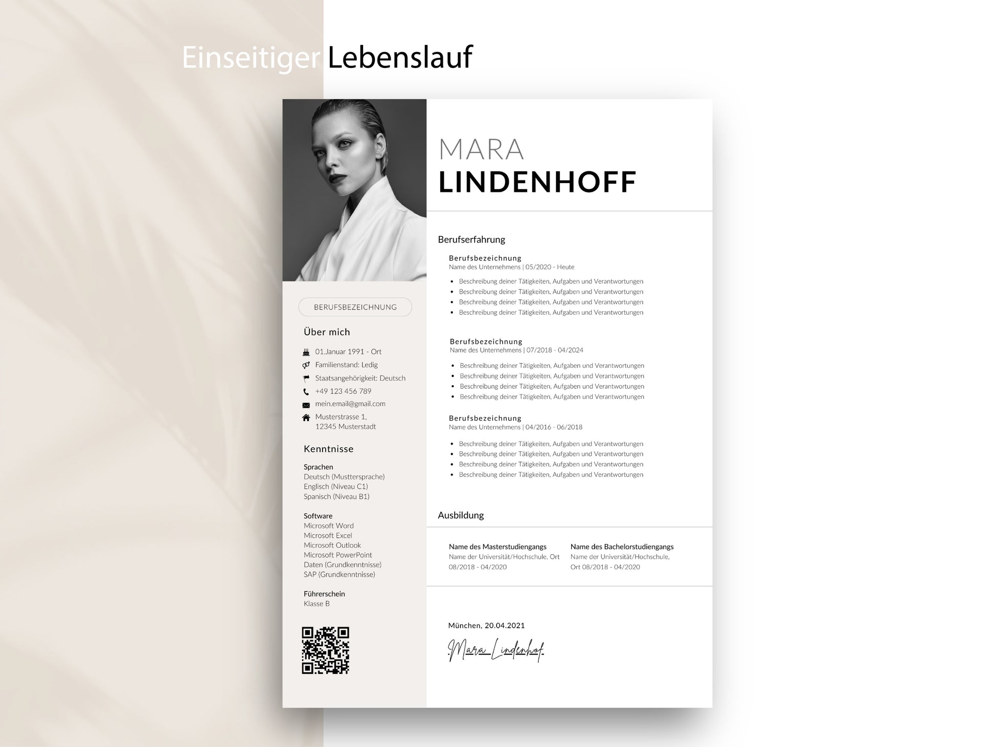 Einseitige Lebenslauf-Vorlage im modernen Design für Word und Canva mit strukturierter Darstellung der Berufserfahrung.