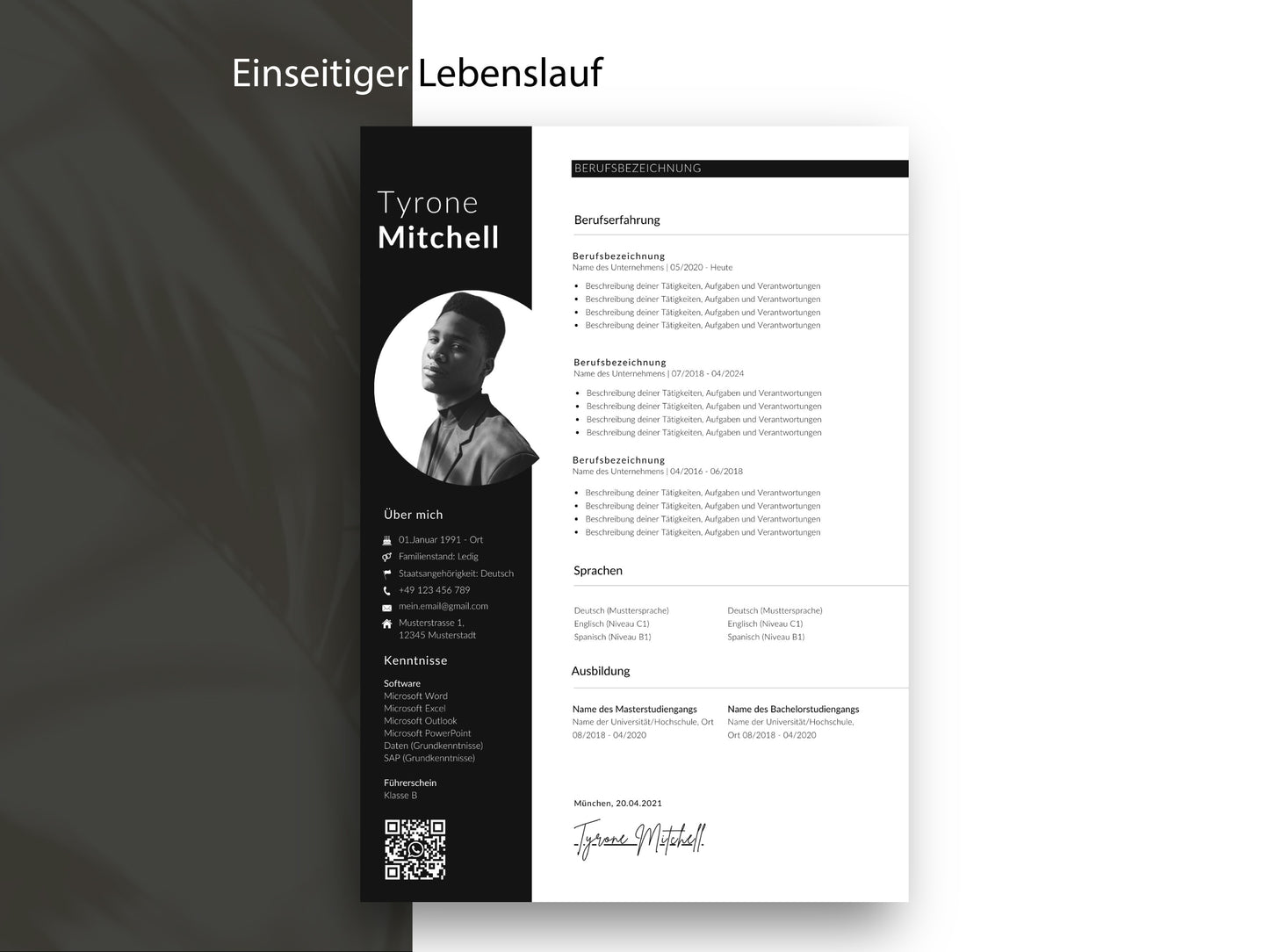 Einseitige Lebenslauf-Vorlage im modernen Design mit klarem Layout für Berufserfahrung und Kenntnisse als Word- & Canva-Datei.
