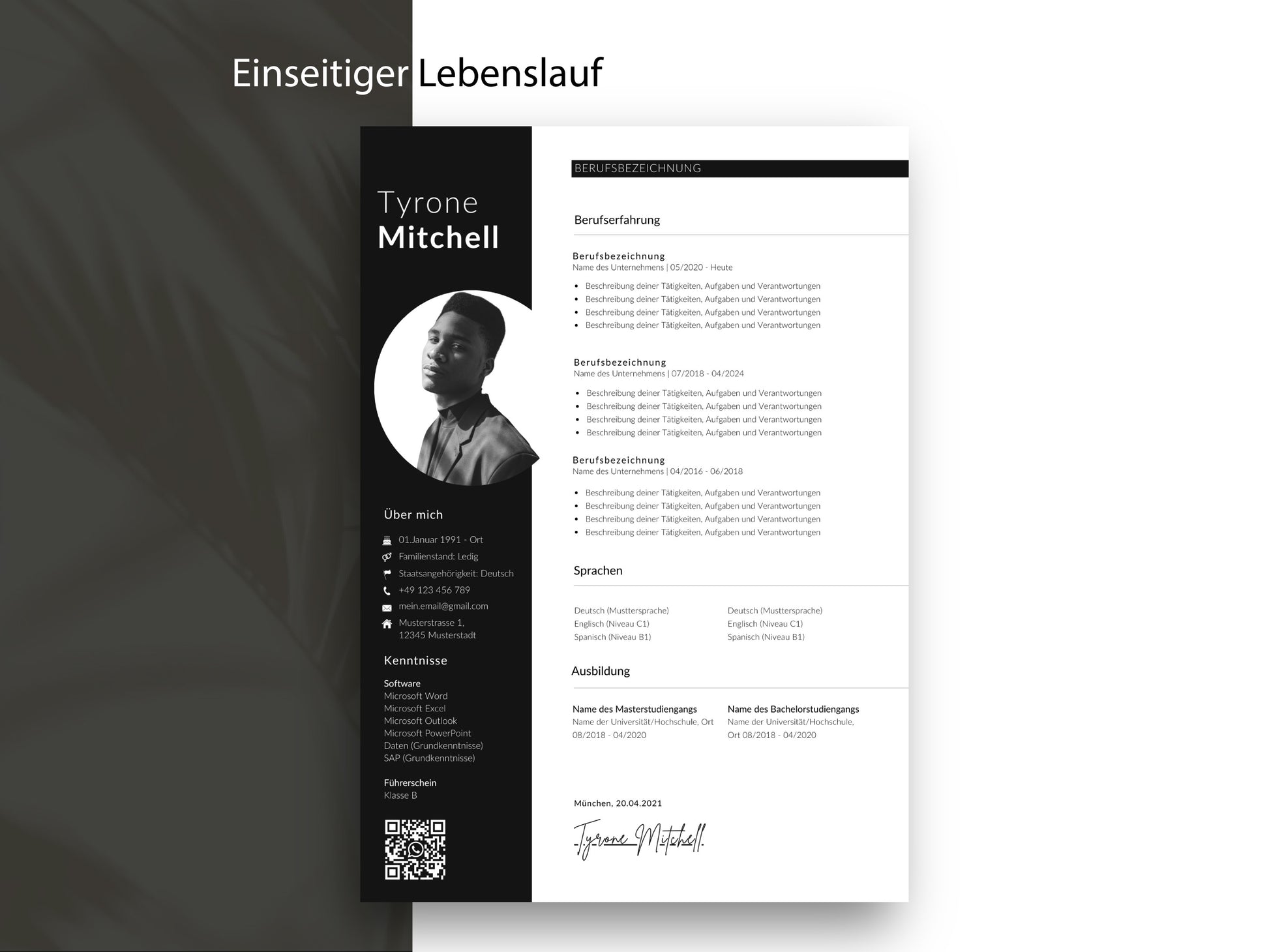 Einseitige Lebenslauf-Vorlage im modernen Design mit klarem Layout für Berufserfahrung und Kenntnisse als Word- & Canva-Datei.