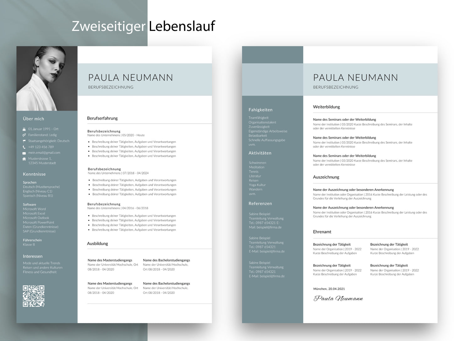 Zweiseitige Lebenslauf-Vorlage CV mit viel Platz für Berufserfahrung, Weiterbildung und Referenzen im modernen Design.