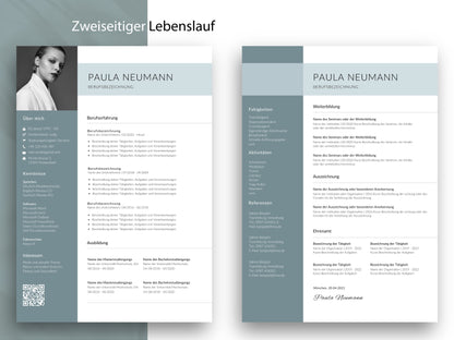Zweiseitige Lebenslauf-Vorlage CV mit viel Platz für Berufserfahrung, Weiterbildung und Referenzen im modernen Design.