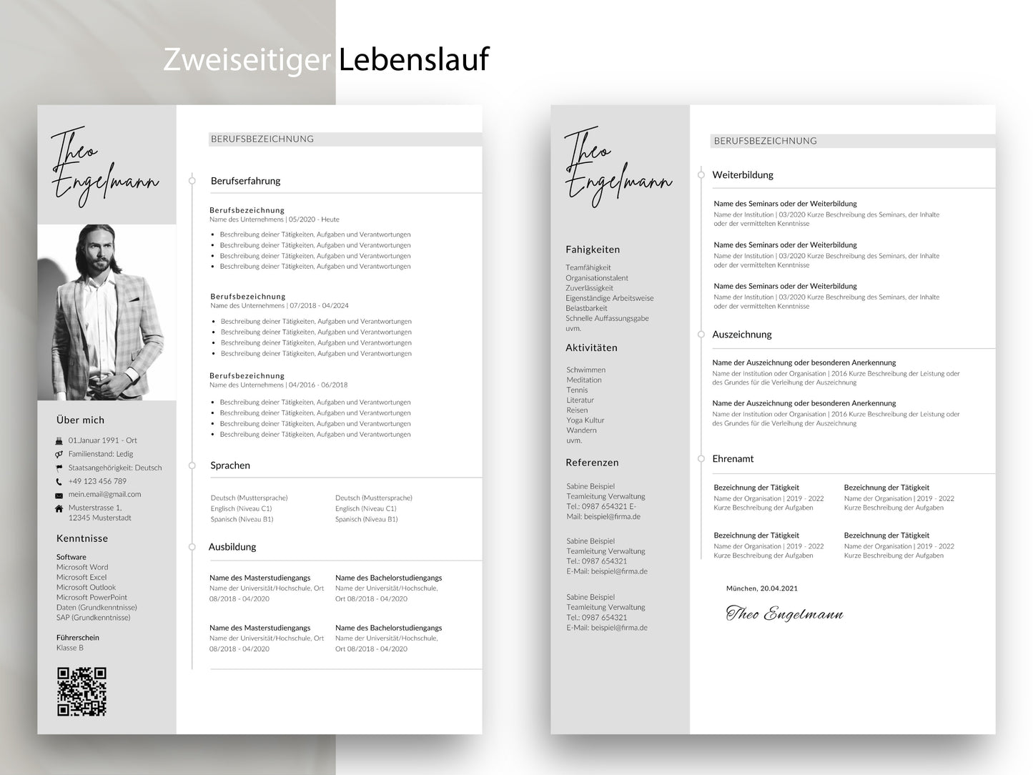 Zweiseitiger Lebenslauf als professionelle Bewerbungsvorlage mit viel Platz für Qualifikationen, Referenzen und Erfolg.