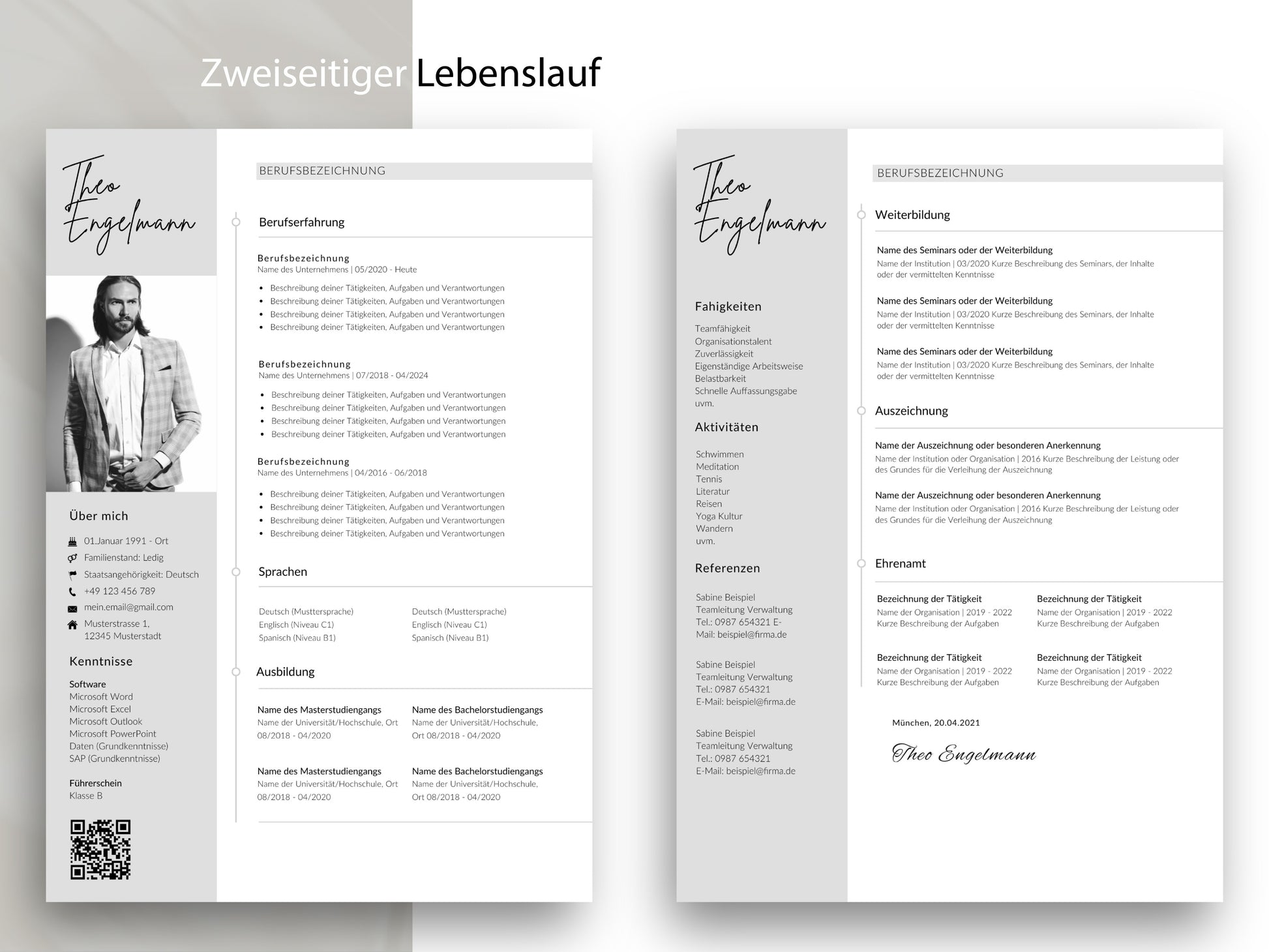 Zweiseitiger Lebenslauf als professionelle Bewerbungsvorlage mit viel Platz für Qualifikationen, Referenzen und Erfolg.