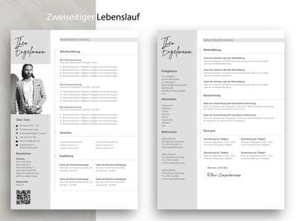 Zweiseitiger Lebenslauf als professionelle Bewerbungsvorlage mit viel Platz für Qualifikationen, Referenzen und Erfolg.