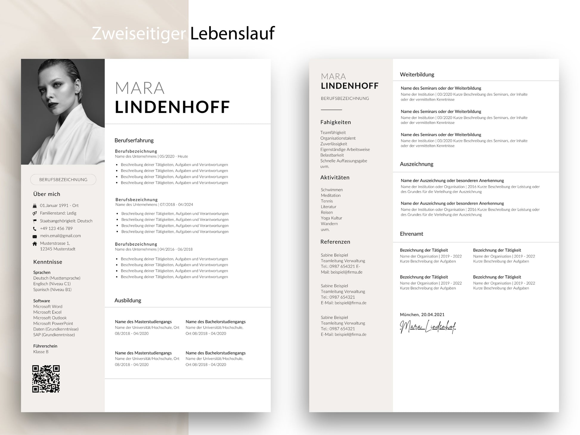 Zweiseitige Lebenslauf-Vorlage im modernen Design für Word und Canva mit viel Platz für Erfahrung und Qualifikationen.